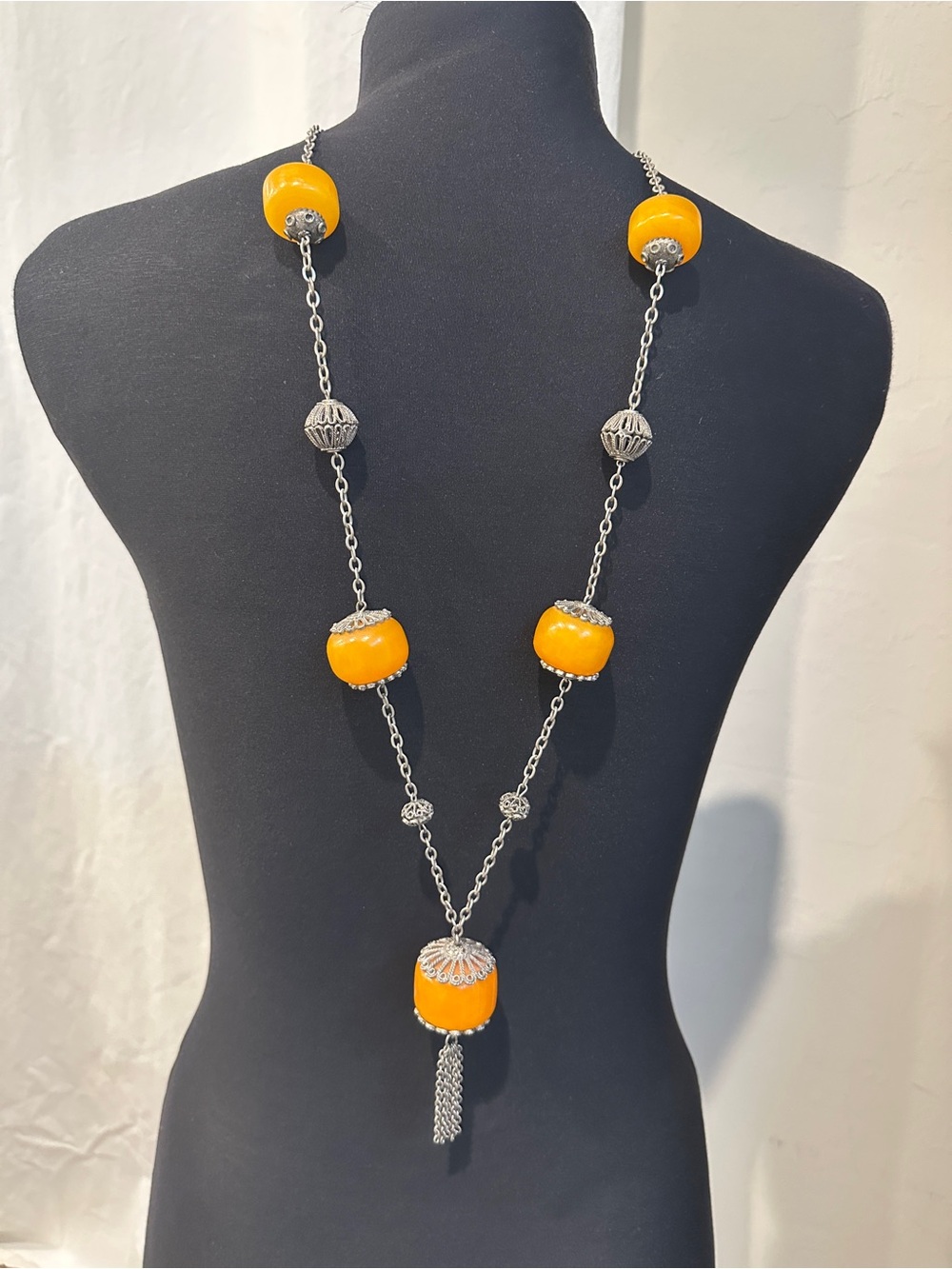 Vintage Orange Bead Filigree Tassel Necklace Silver Tone Boho Statement